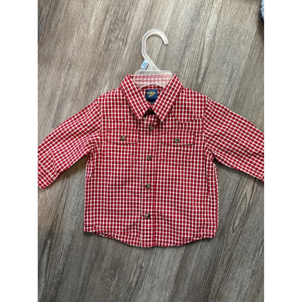 OshKosh Bgosh Baby Boys Red Gingham Plaid Western Snap Long Sleeve Shirt 12M